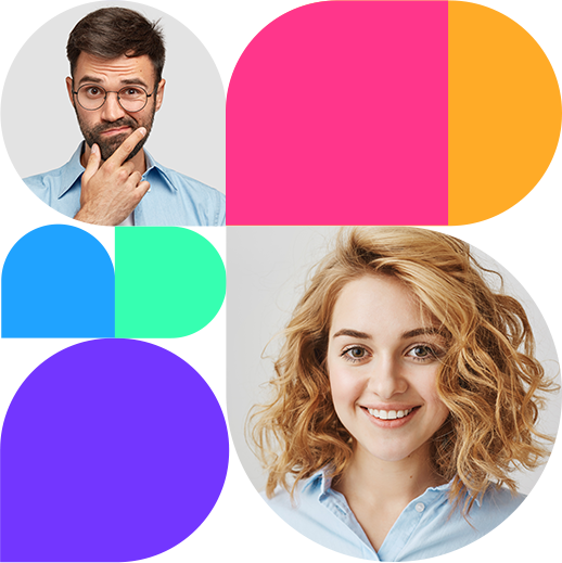 a man and a woman with different colored squares.