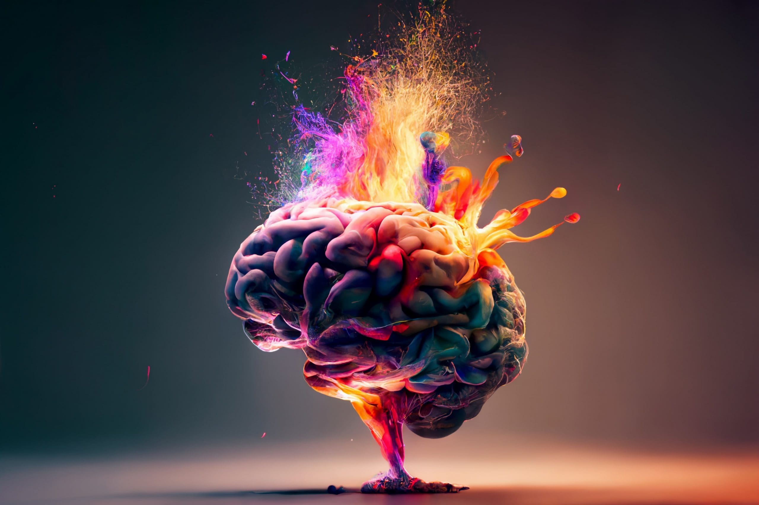A colorful brain with fire coming out of it.