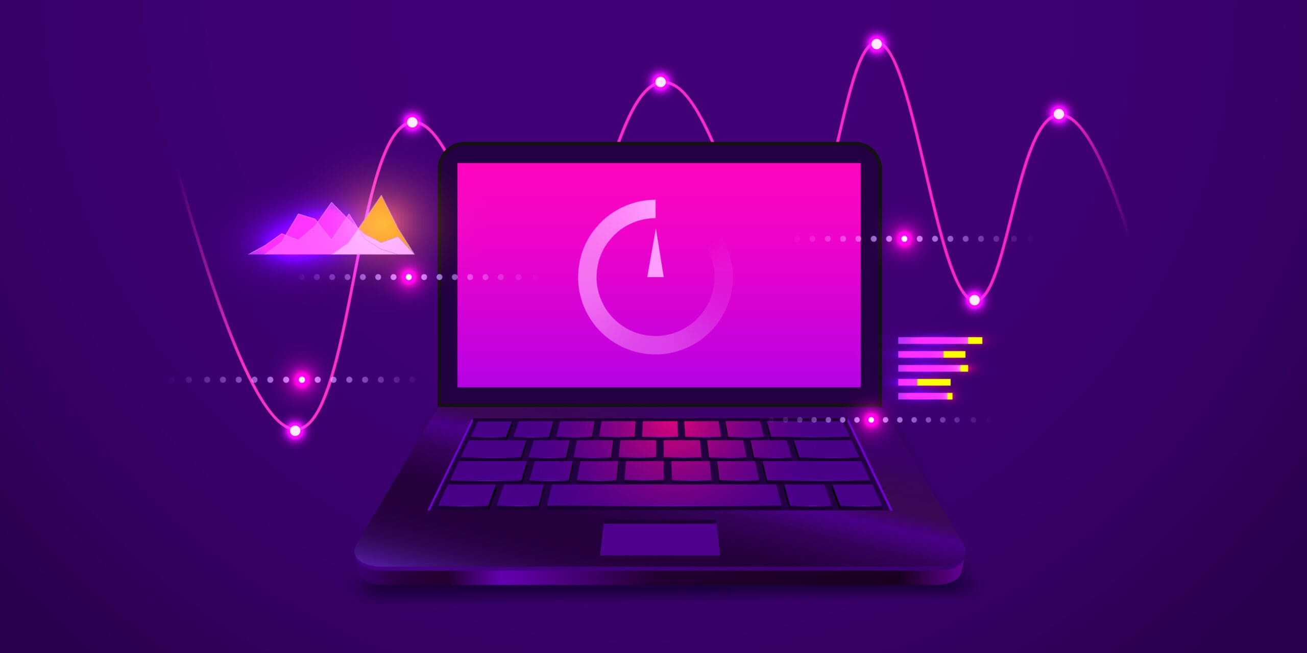 A stylized illustration of a laptop with a screen displaying a circular icon. The background features pink, glowing lines forming data wave patterns and bar charts. The theme is vibrant, with predominant shades of purple and accents of yellow and pink.
