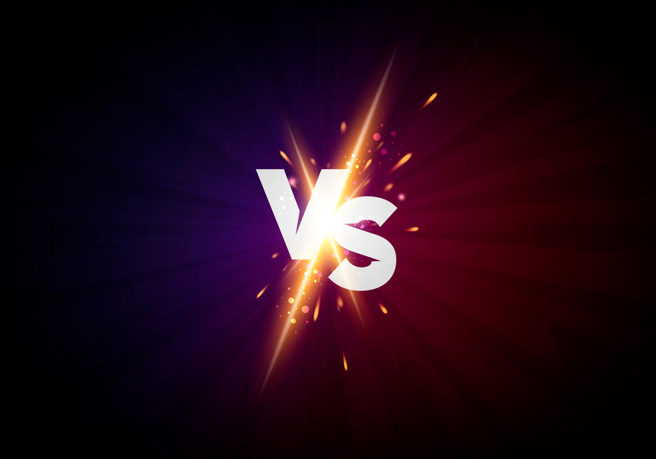 A dynamic "VS" graphic with a dark background is divided into blue on the left and red on the right. Bright yellow and orange sparks explode from the center, illuminating the bold white "VS" text, symbolizing the fiery and intense visual contrast often seen in offshoring debates.