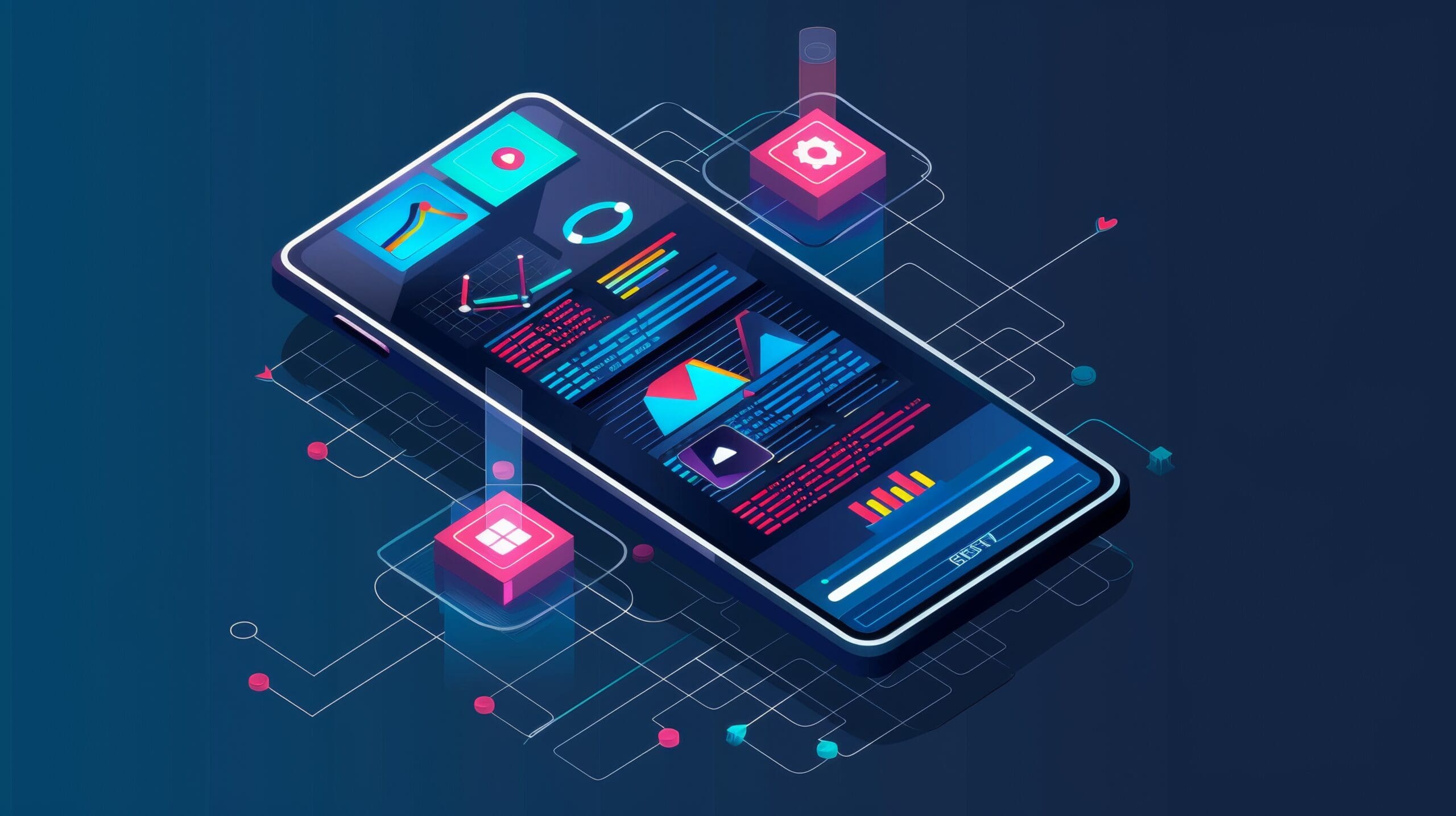 An isometric illustration of a smartphone displaying various data visualizations, like charts and graphs, in a futuristic user interface. Colorful digital icons float around the phone, connected by glowing lines, against a dark blue background.