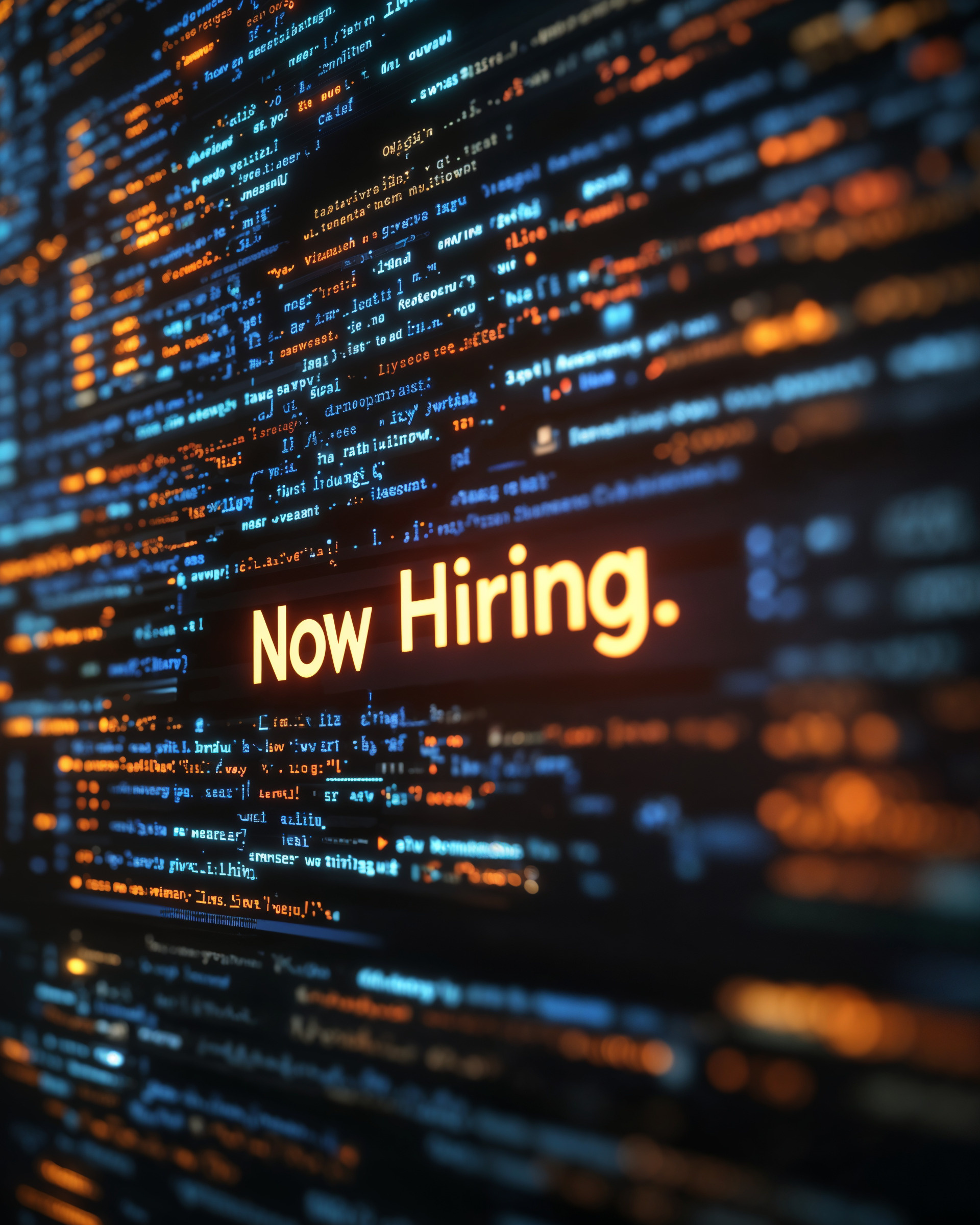 Glowing text saying "Now Hiring" is displayed against a background of colorful, blurred lines resembling computer code on a screen. The image conveys a digital or tech-related job opportunity.