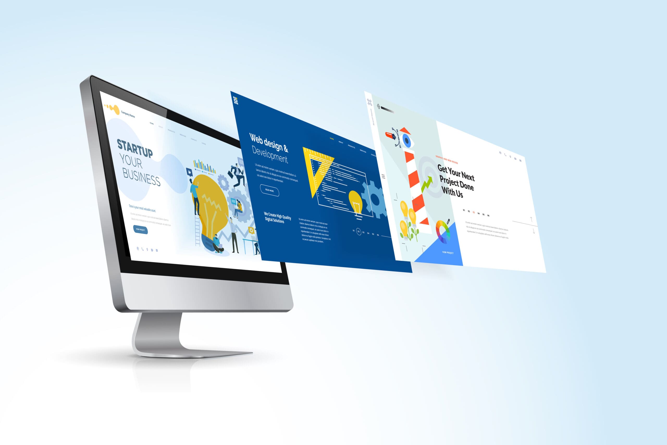 A computer monitor displays four overlapping website templates, including themes for startups, web design, and project management. The templates are shown in a light blue gradient background, suggesting creativity and digital innovation.