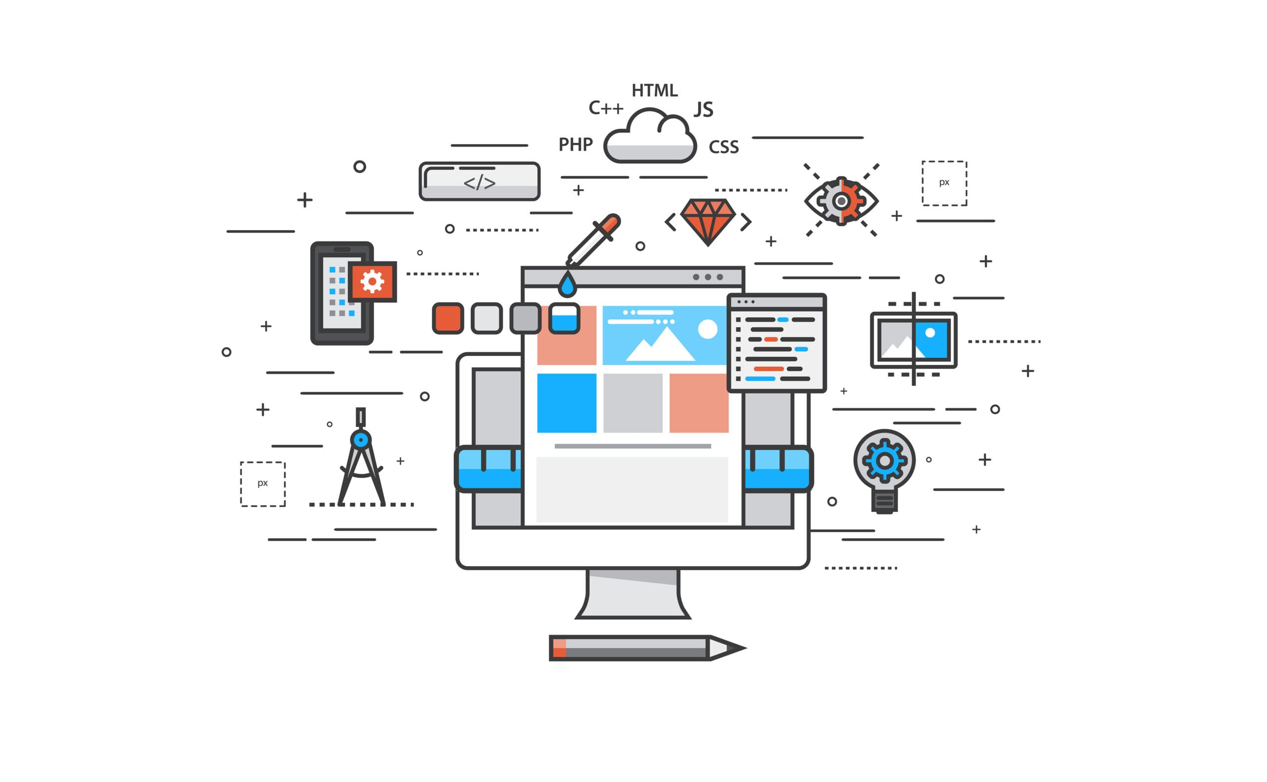 Illustration of a computer monitor displaying a website under construction, surrounded by icons representing programming, design tools, gears, coding symbols, and mobile devices, symbolizing web development and coding.