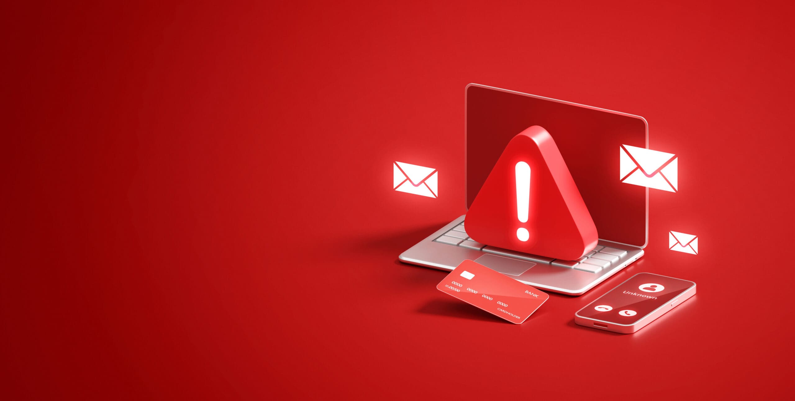 A laptop with a large red warning symbol on its keyboard, surrounded by floating email icons, a credit card, and a smartphone, all set against a red background, representing an online security threat or phishing scam.