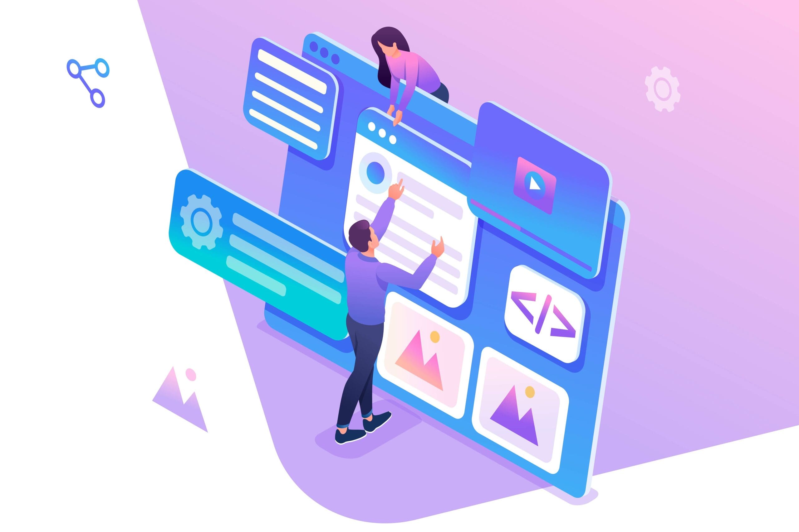 Illustration of two people building a website interface with various icons, images, and settings displayed on a large digital screen, symbolizing web development and design.