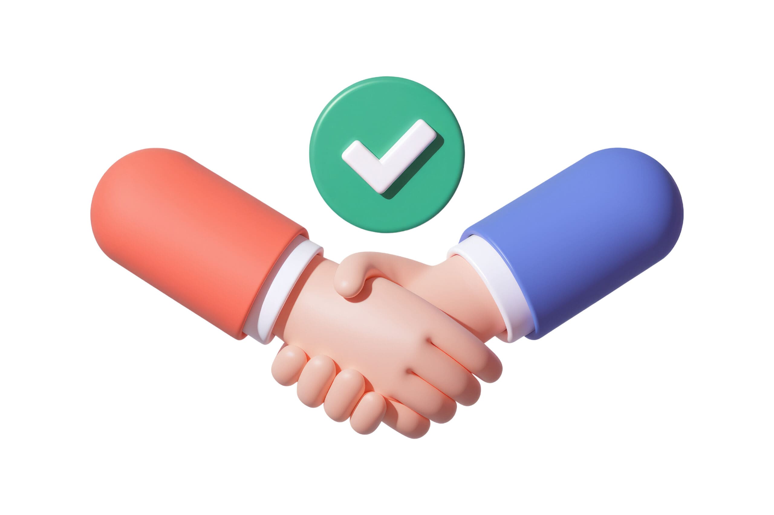 3D illustration of two hands shaking, one in an orange sleeve and one in a blue sleeve, with a green checkmark symbol above them, representing agreement or partnership.