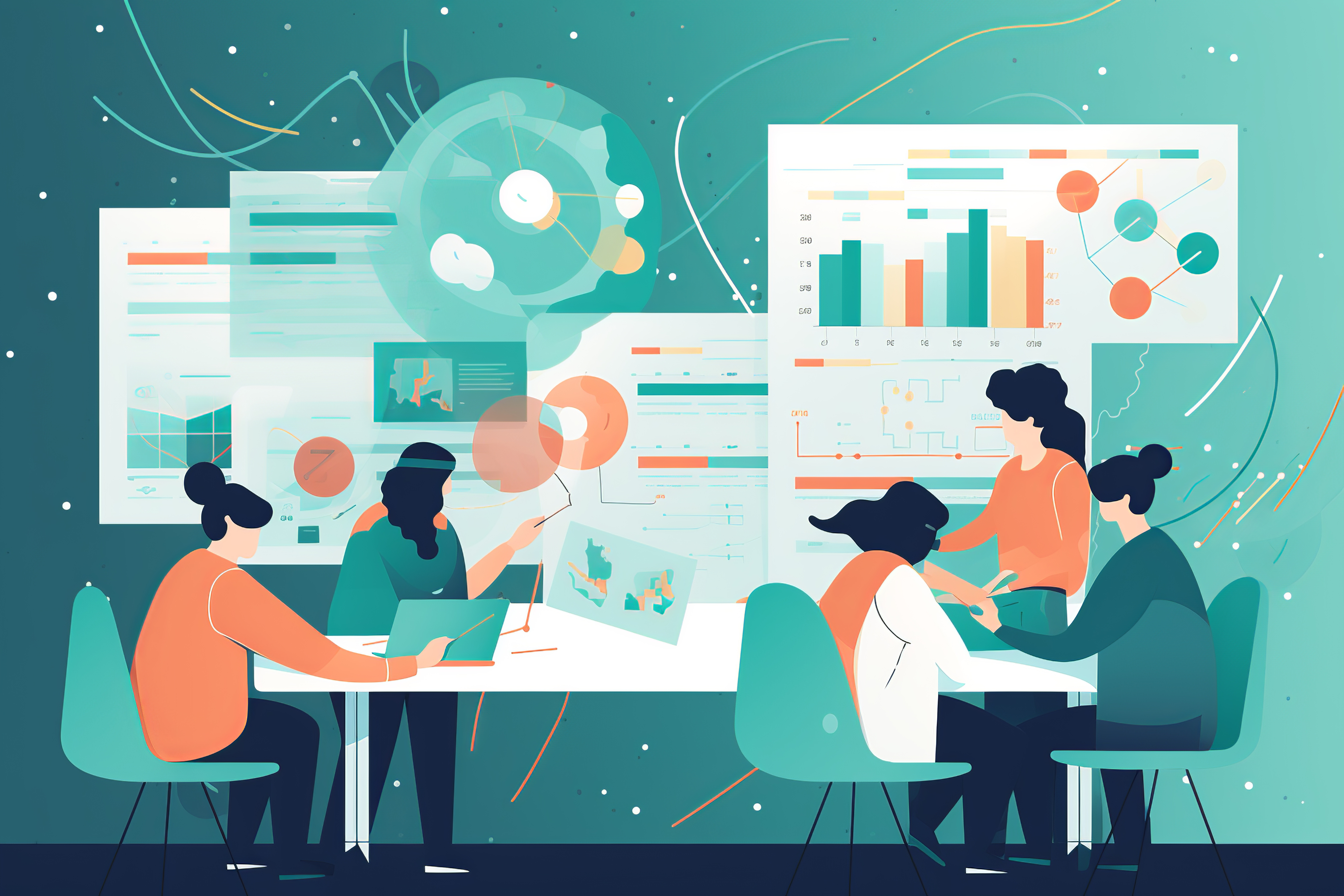 Five people sit at a table analyzing charts, graphs, and data visualizations displayed on floating screens, suggesting teamwork and data analysis in a modern, tech-driven workspace.