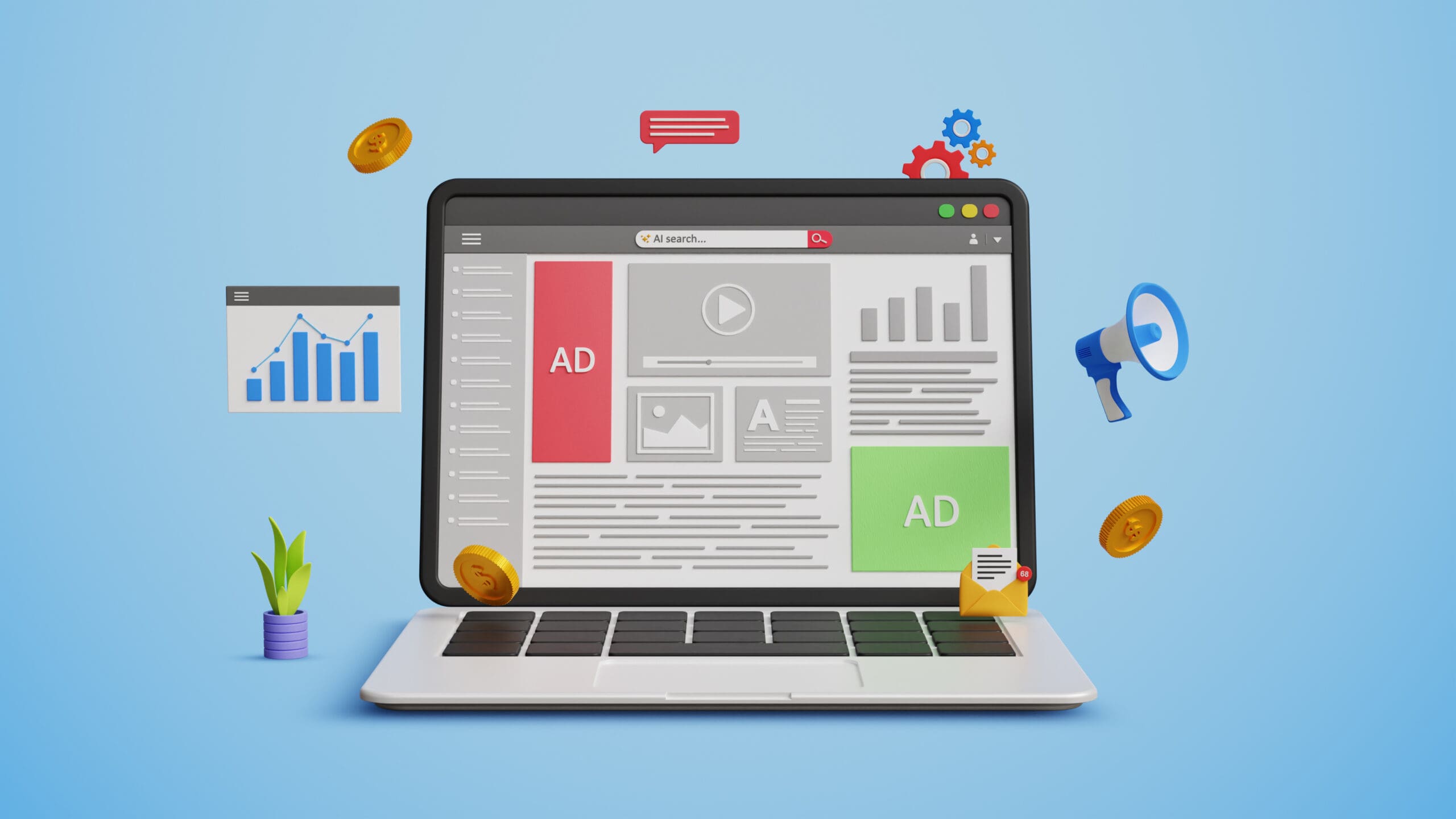 A laptop displaying a website with ads, charts, and graphs on the screen. Surrounding the laptop are icons of coins, gears, a megaphone, and a chat bubble, representing online advertising and digital marketing concepts.