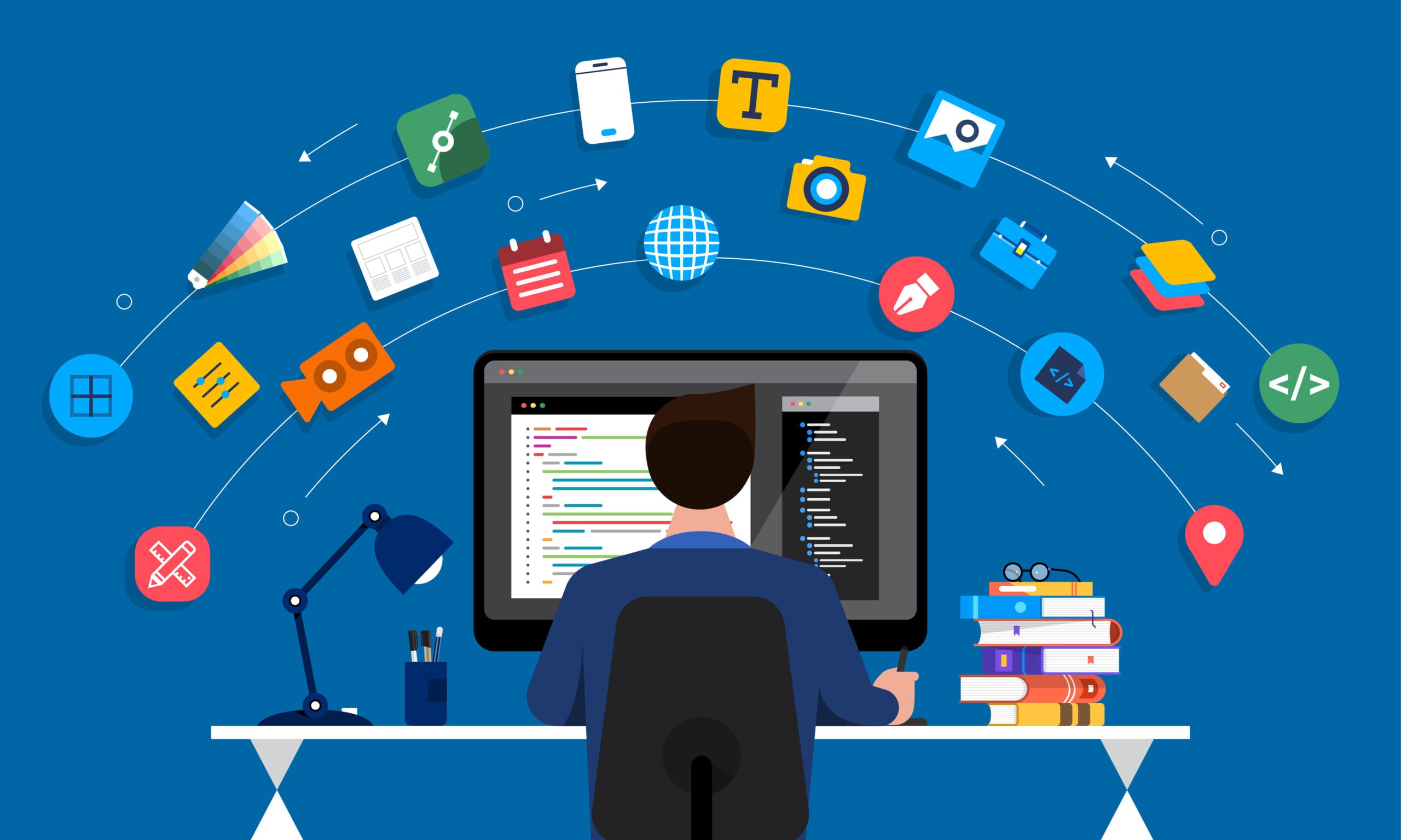 A person sits at a desk with a computer, surrounded by floating icons representing various digital tools and applications, suggesting multitasking or working on multiple projects in a tech or creative environment.