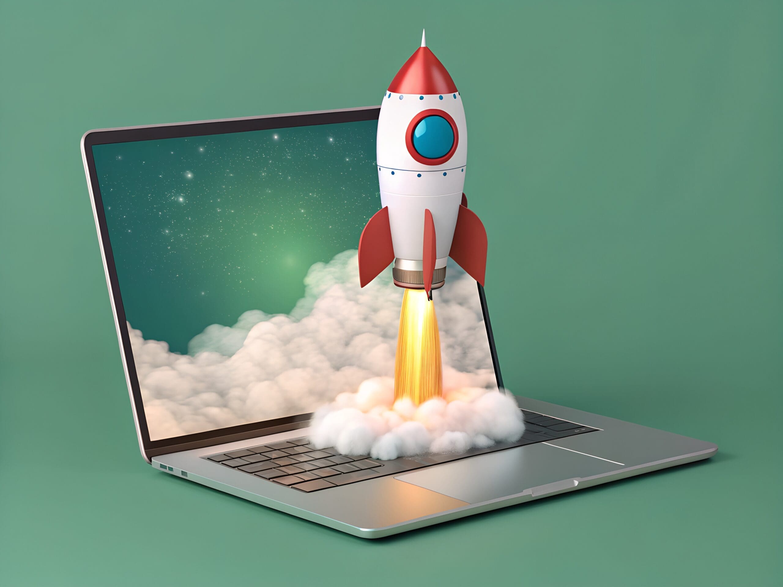 A rocket launching from the keyboard of an open laptop, with smoke and flames, against a green background. The laptop screen displays a starry sky, blending with the rocket’s launch.