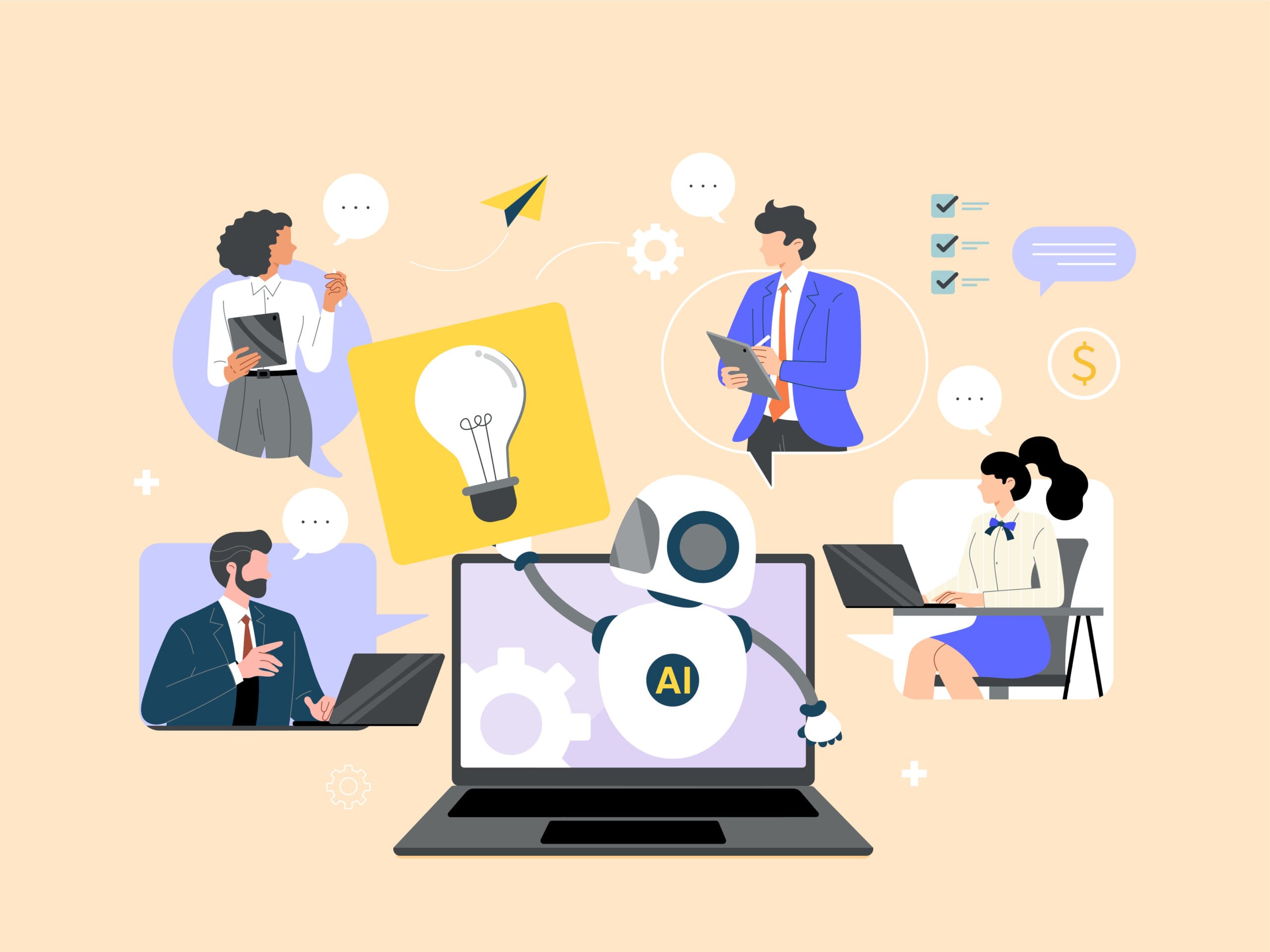 Illustration of a robot labeled “AI” on a laptop screen surrounded by four diverse business people working on laptops, talking, brainstorming, and sharing ideas, with icons of lightbulbs, checklists, and speech bubbles.