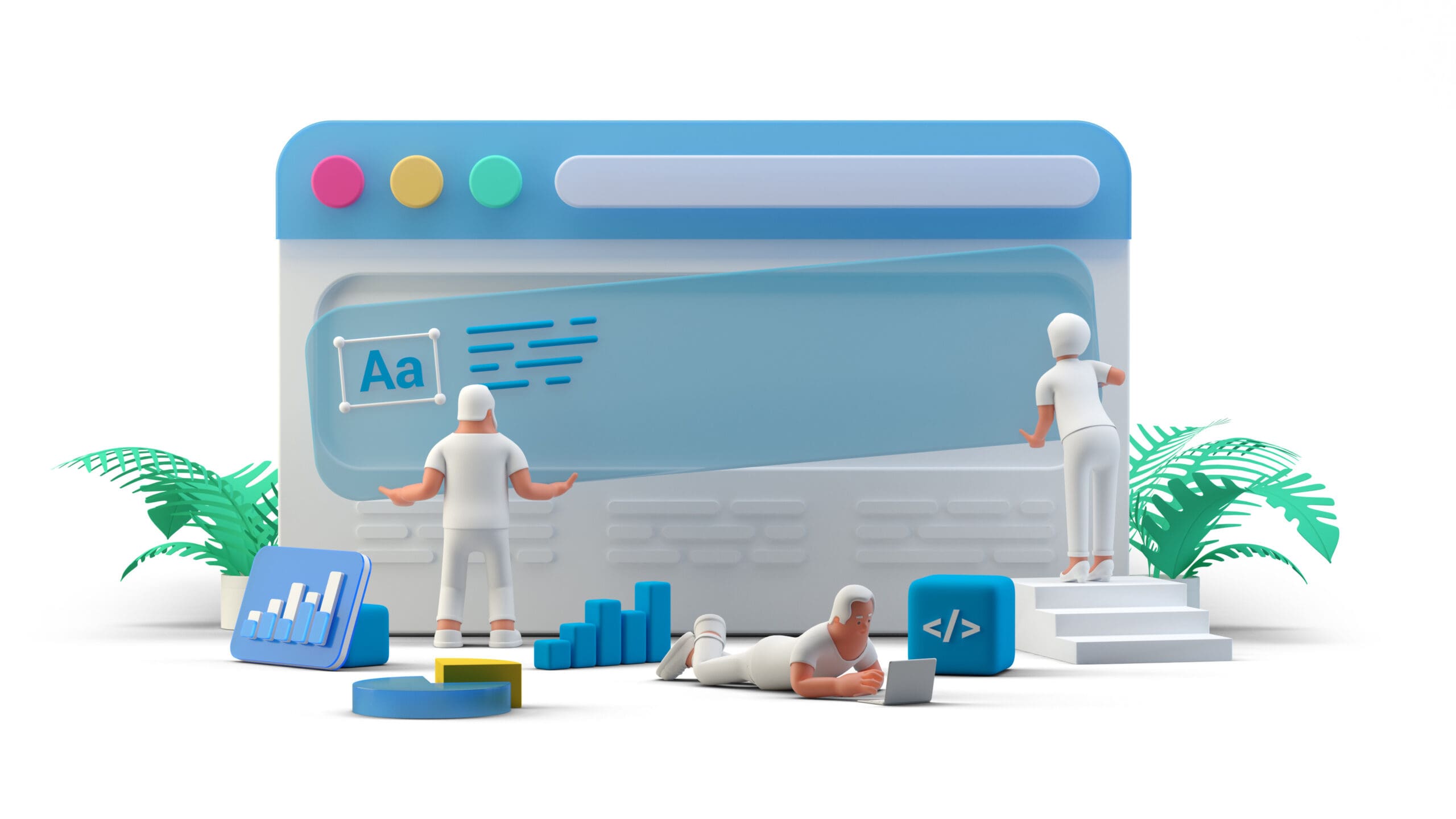 3D illustration of three people working on a giant web browser interface, surrounded by charts, code symbols, and plants, representing web design and development concepts.