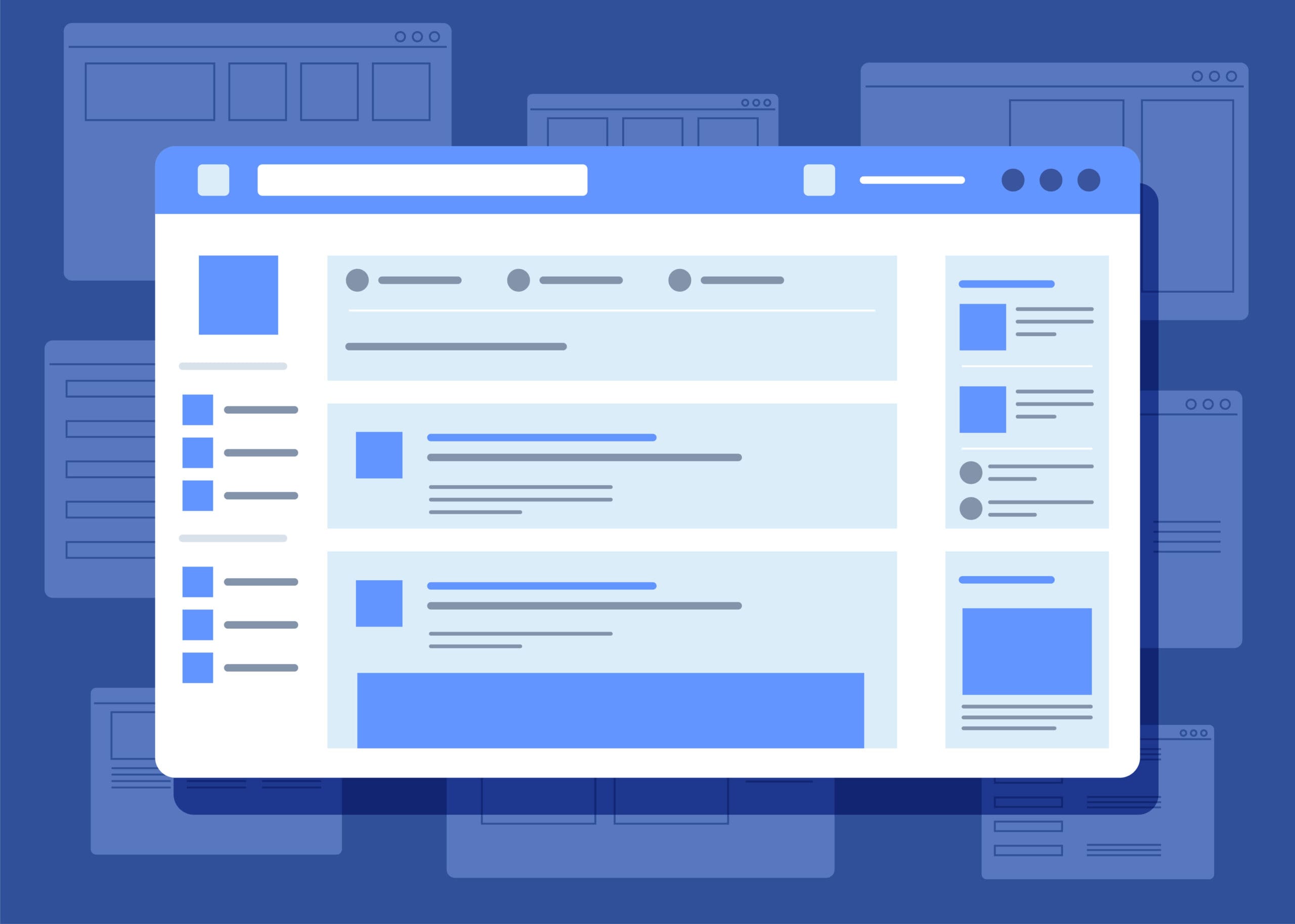 Illustration of a social media website interface with a blue color scheme, showing a feed with posts, profile icons, sidebar menus, and a right sidebar with smaller content boxes, all in a flat, modern design style.