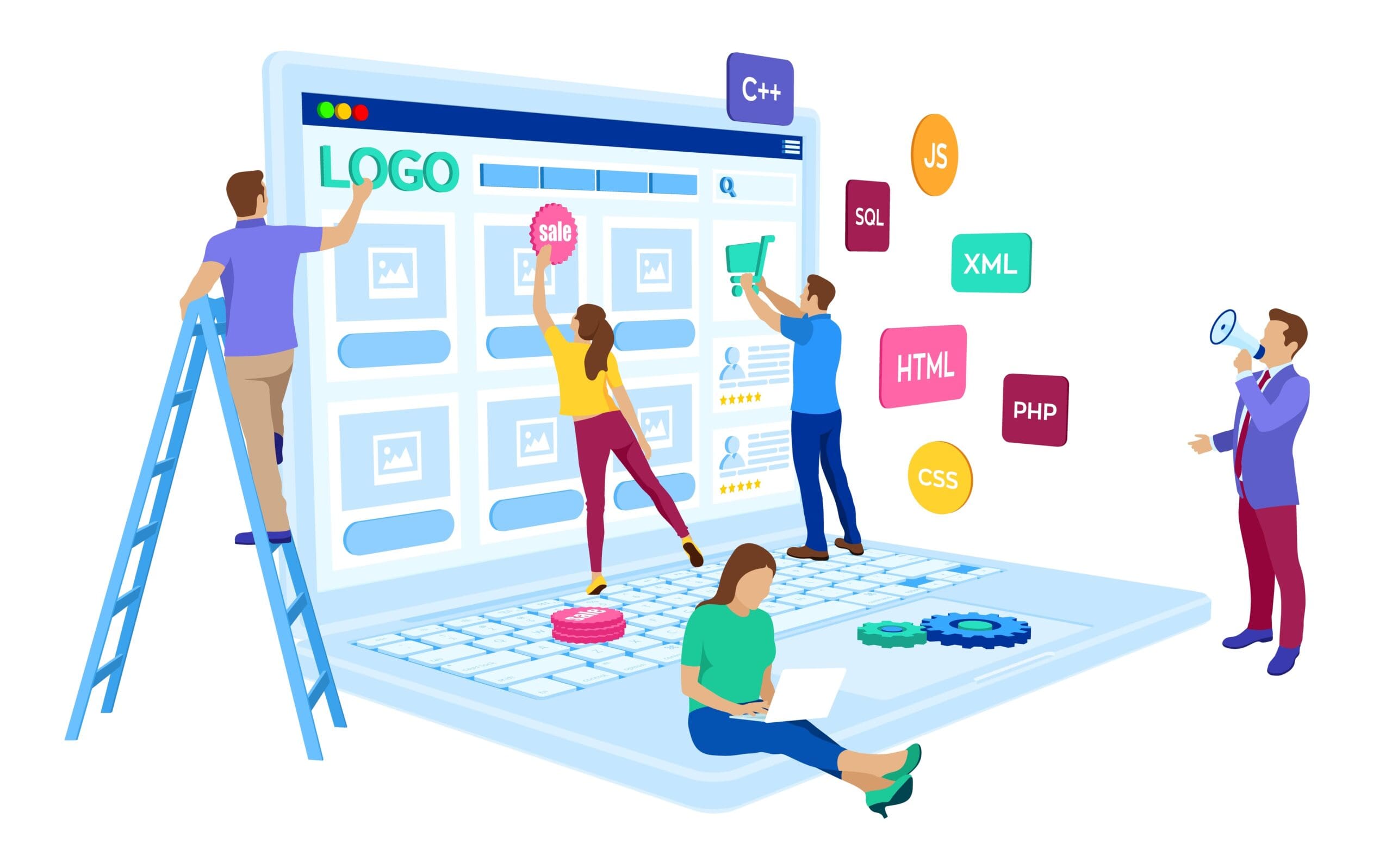 Illustration of people working on a giant laptop, designing a website and coding, with programming languages like HTML, CSS, JS, PHP, SQL, XML, and C++ shown as colorful icons.