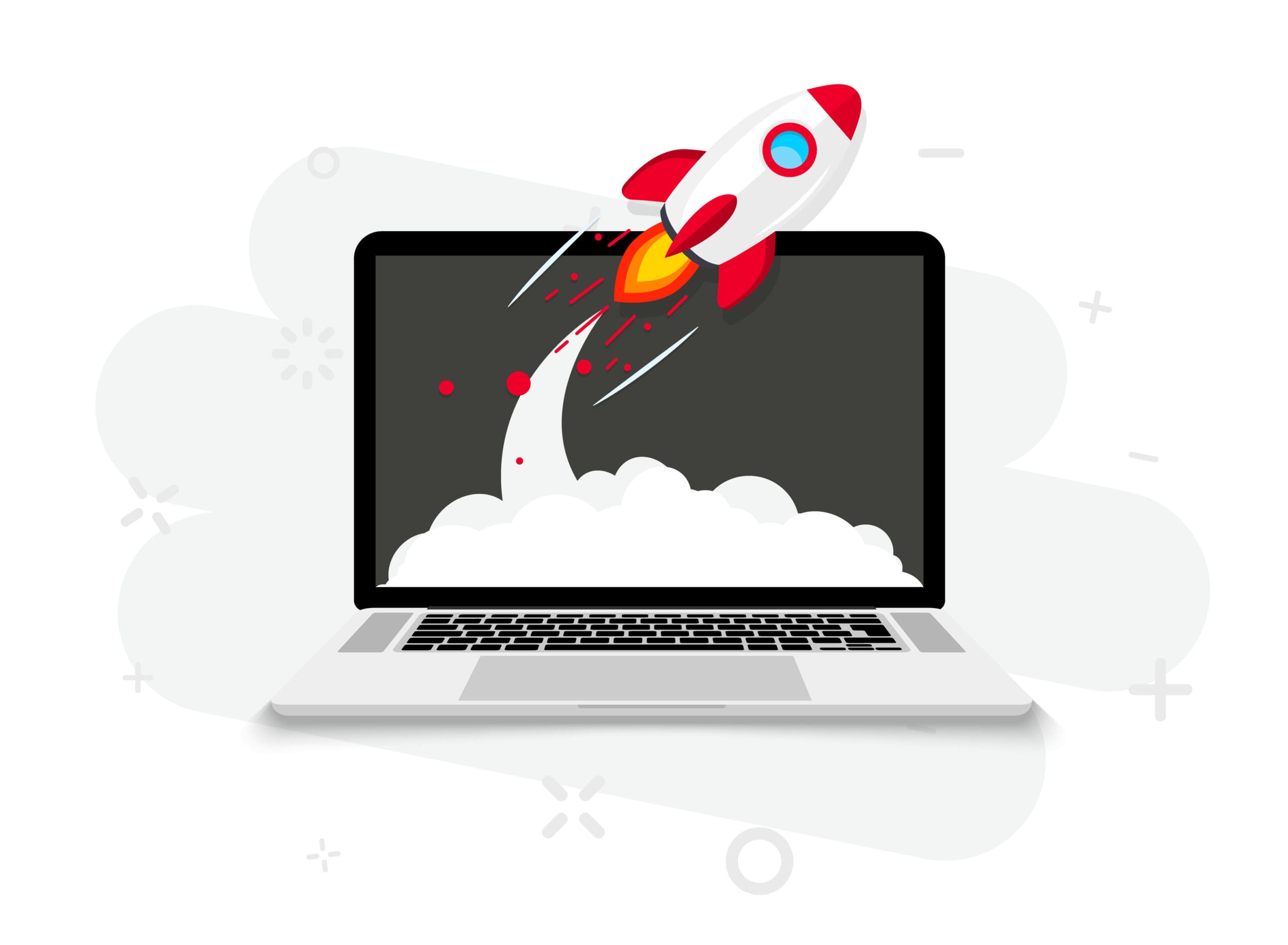 A cartoon rocket launches from a laptop screen, leaving behind smoke and a trail, symbolizing technology, innovation, or a digital startup. The background is white with abstract shapes.