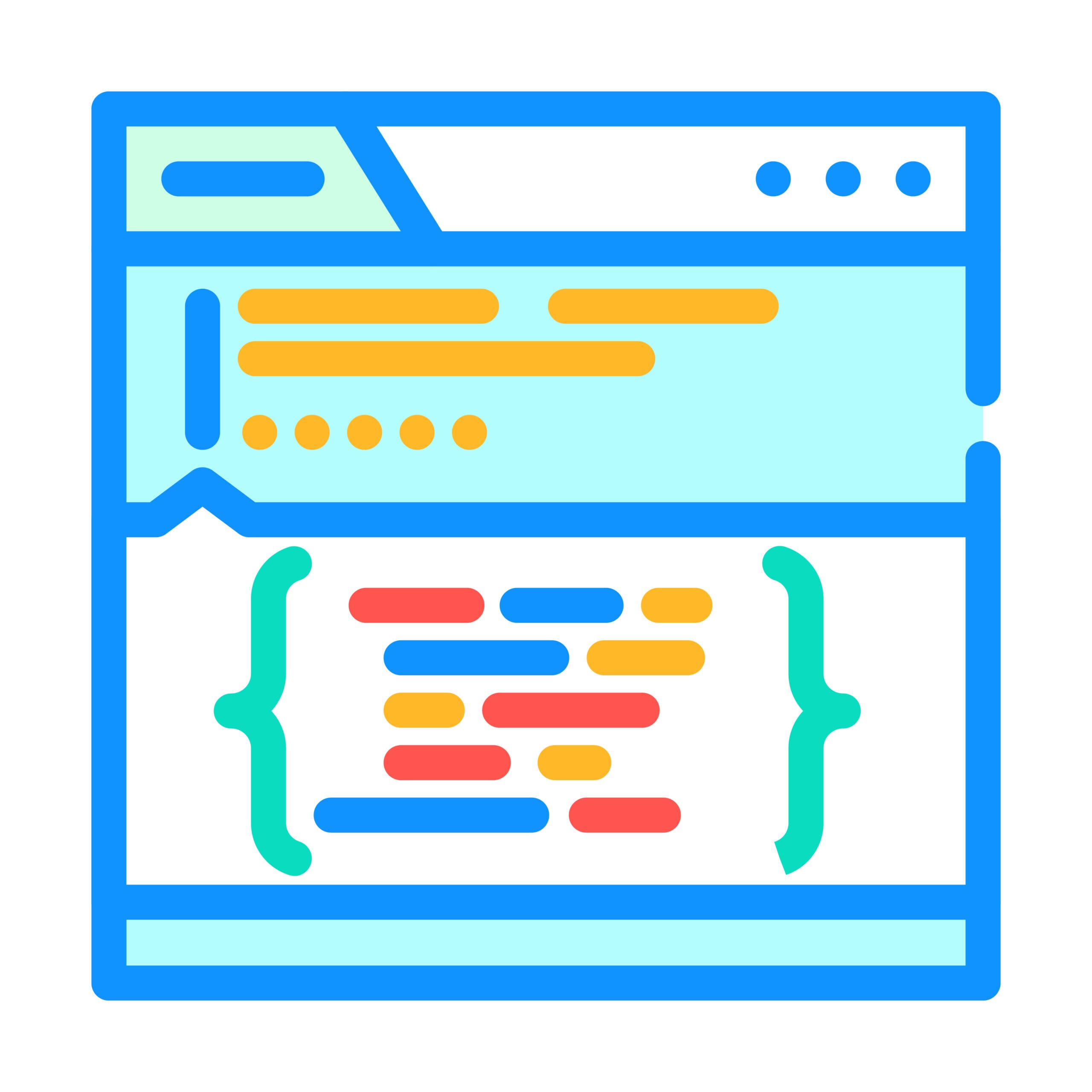 Colorful icon of a computer screen displaying code lines and curly brackets, representing programming or software development. The code is highlighted in multiple colors on a light background.