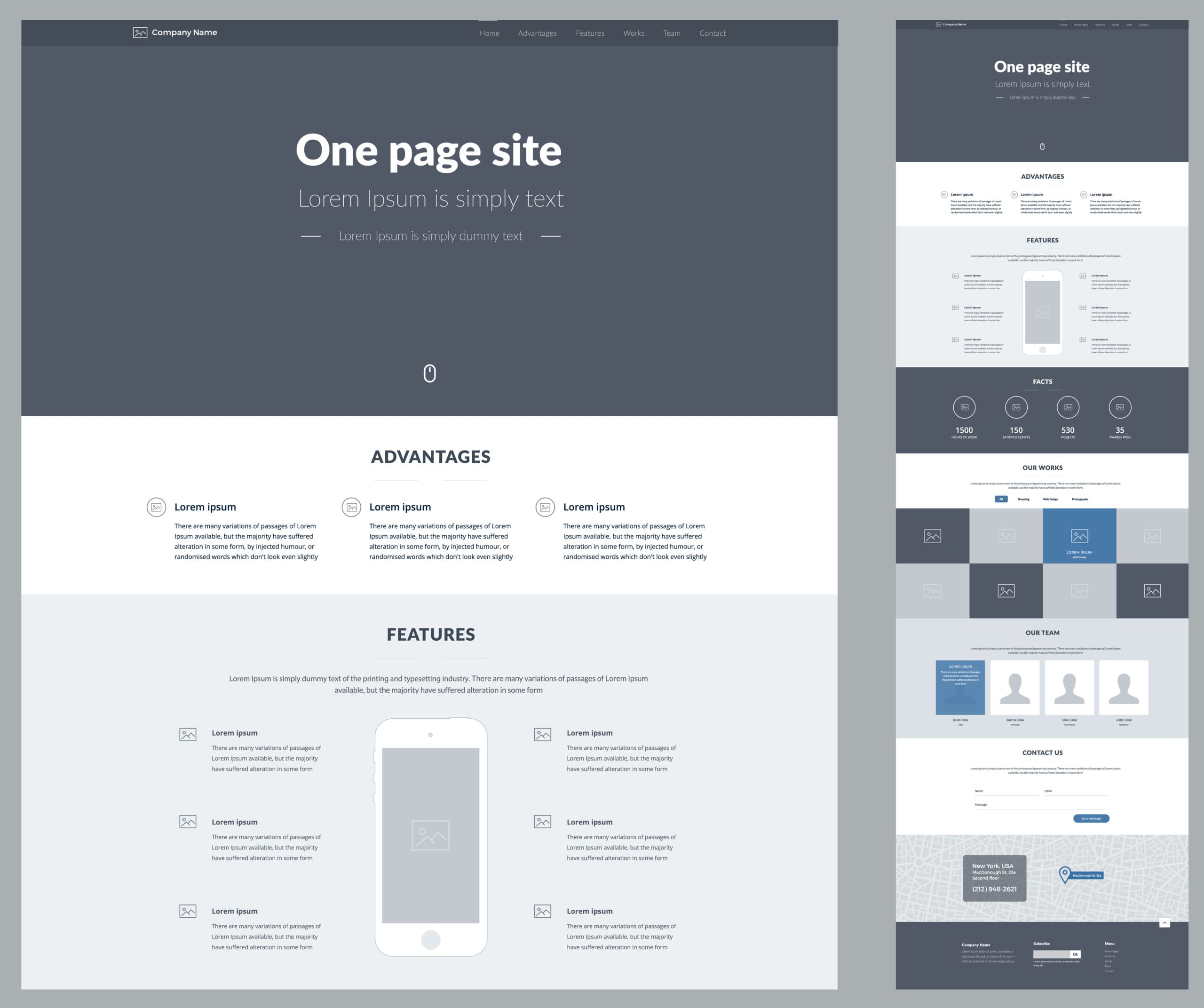 Minimalist website wireframe featuring a dark header with logo and navigation, headline, three-column advantages section, features with icons, and footer with contact info. Sidebar shows the full page layout in thumbnail views.