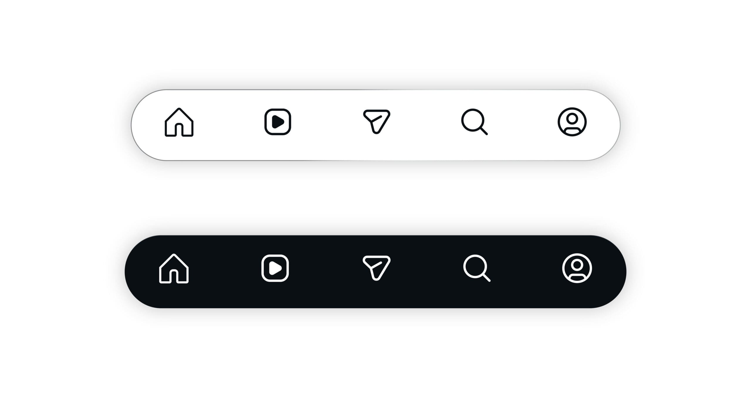 Two horizontal navigation bars, one white and one black, each with five icons: home, play, send, search, and user profile, arranged from left to right.